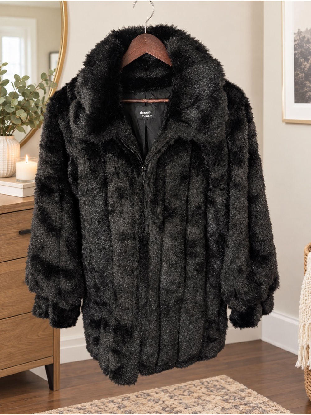 Dennis Basso Black Faux Fur Coat - Women's Plush Jacket